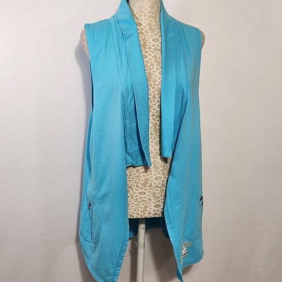Neon Buddha Women's Size M Blue Sleeveless Embroidered Cardigan Vest Lagenlook - Picture 1 of 14